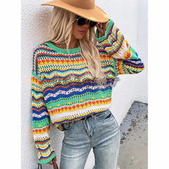 Autumn and winter new splicing knit sweater loose inter-color round neck striped sweater women