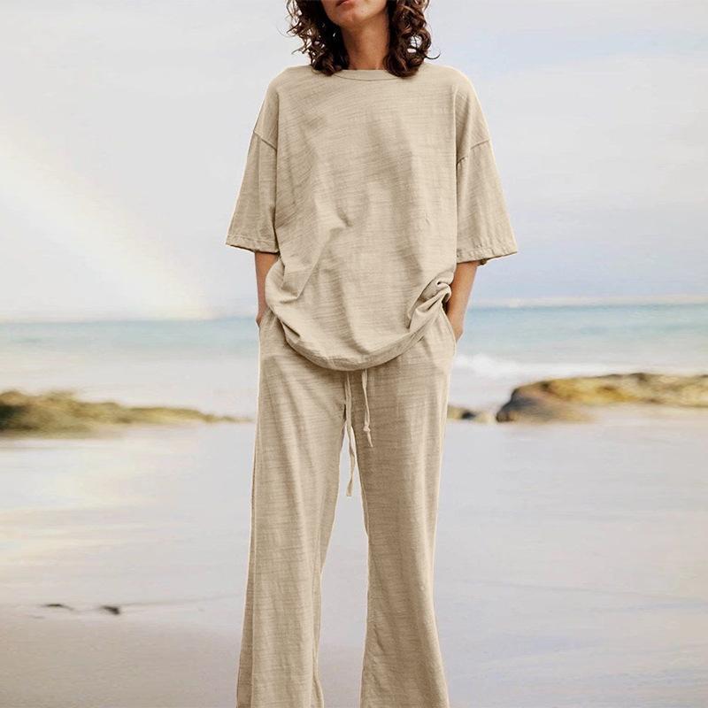 (🔥30% off any two items)Fashion Women's 2-Piece Set 2024 Summer Casual Belt Pocket Suit Half Sleeve O-Neck Top And Wide Leg Pants Suit