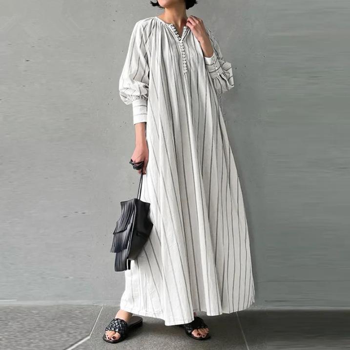 （30% off any two items）New Artistic Style Cotton And Linen Striped Round Neck Long Sleeve Slip Bag Simple Loose Long Pullover Dress