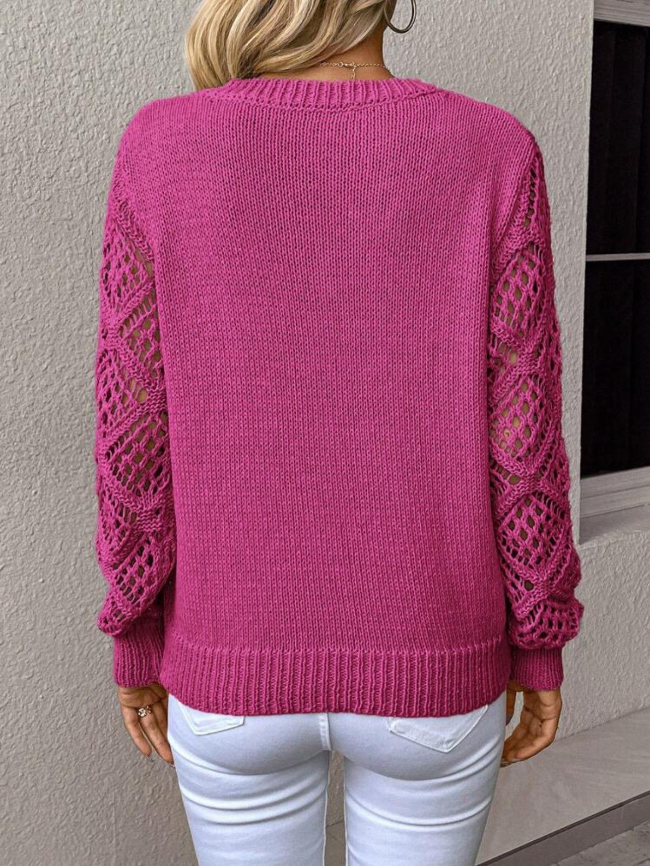 Solid Color V-Neck Mesh Sleeve Knit Pullover Sweater