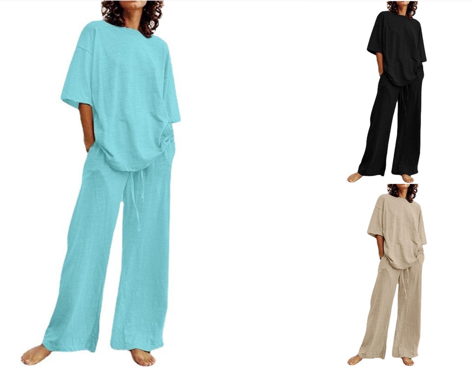 (🔥30% off any two items)Fashion Women's 2-Piece Set 2024 Summer Casual Belt Pocket Suit Half Sleeve O-Neck Top And Wide Leg Pants Suit