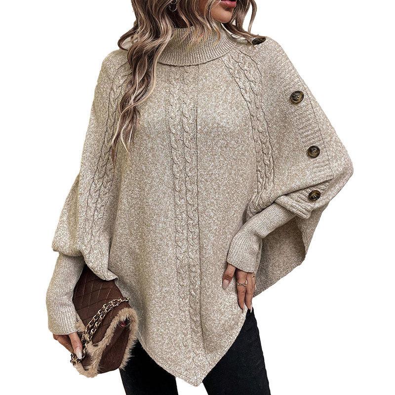 Autumn and winter new stranded flower women's sweater fashion high neck button long sleeve bat sweater