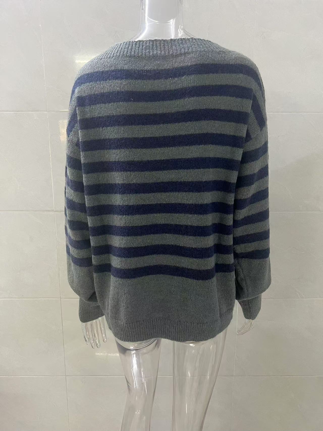 Autumn and winter new knitwear women's senior sense of casual loose lazy wind women's striped sweater women