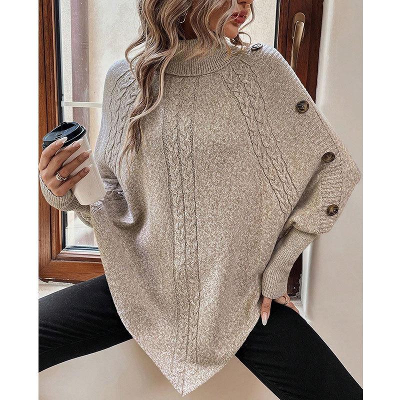 Autumn and winter new stranded flower women's sweater fashion high neck button long sleeve bat sweater