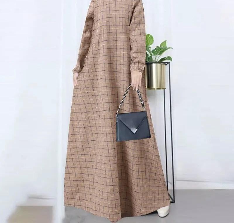 （30% Off Any Two Items）New casual women's cotton and linen retro long-sleeved plaid round-neck dresses