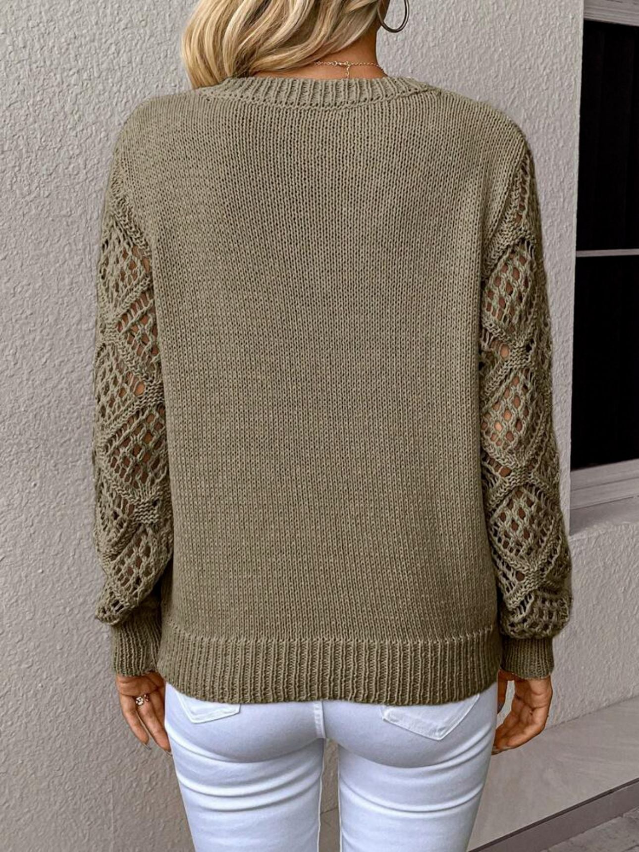 （25% Off Any Two Items）Solid Color V-Neck Mesh Sleeve Knit Pullover Sweater