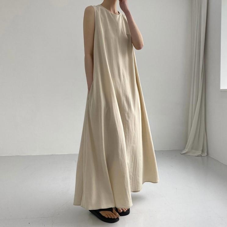 (30% Off Any Two Items) chic style loose hem sleeveless pumpkin long cotton linen dress