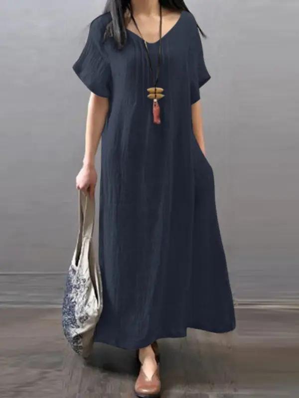 (30% Off Any Two Items) V-neck cotton linen loose casual solid colour pocket dress