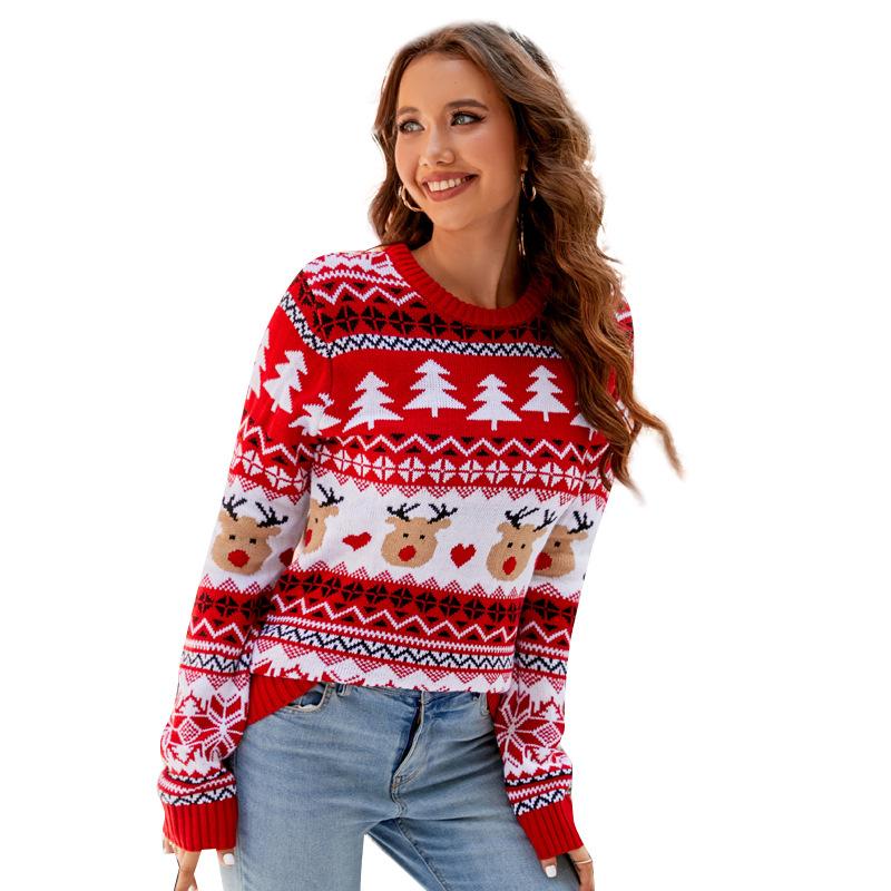 Jacquard Casual Pullover Christmas Sweater Women Slouchy Style Fall and Winter Women's Knitted Sweater