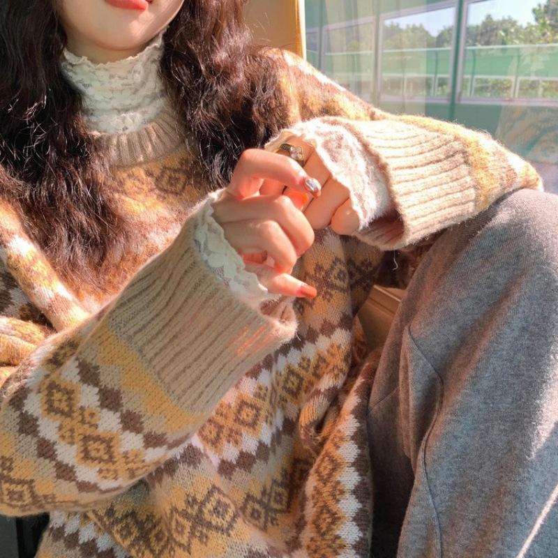 Retro jacquard diamond lattice elastic head knit sweater female students new fall and winter outside wear lazy wind