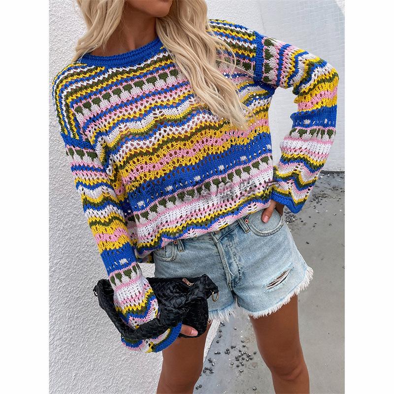 Autumn and winter new splicing knit sweater loose inter-color round neck striped sweater women