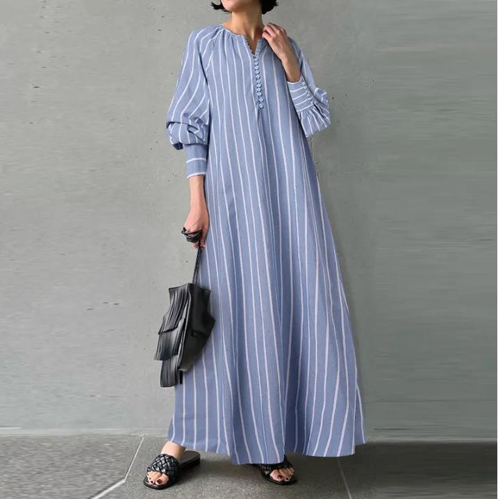 （30% off any two items）New Artistic Style Cotton And Linen Striped Round Neck Long Sleeve Slip Bag Simple Loose Long Pullover Dress