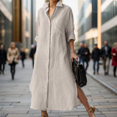 （30% Off Any Two Items）New Solid Color Long Sleeve Cardigan Casual Loose Irregular Split Cotton Linen Long Dresses