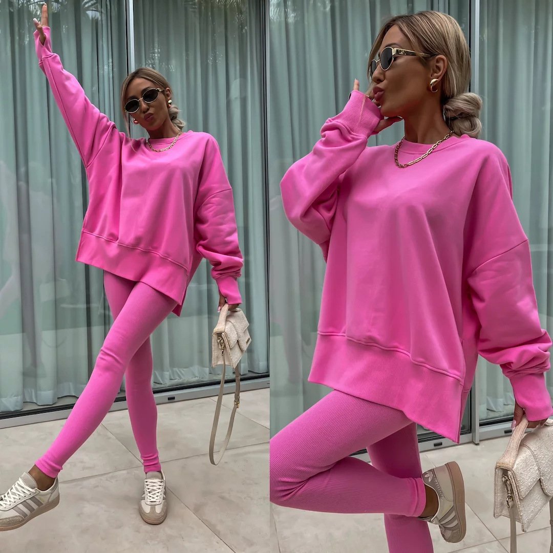 （25% off any two items）New sweatshirt suit casual loose long sleeve round neck slit top tight trousers