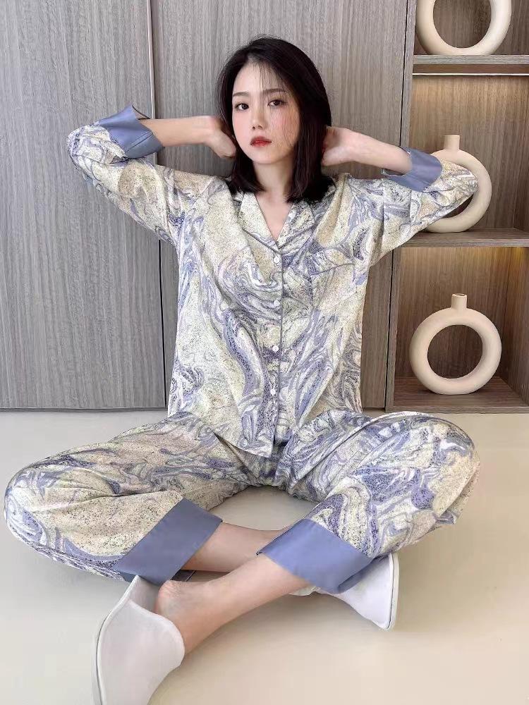 （30% Off Any Two Items）Ice silk pajamas ladies summer long-sleeved new summer air-conditioned room cool feeling spring and autumn home wear suit