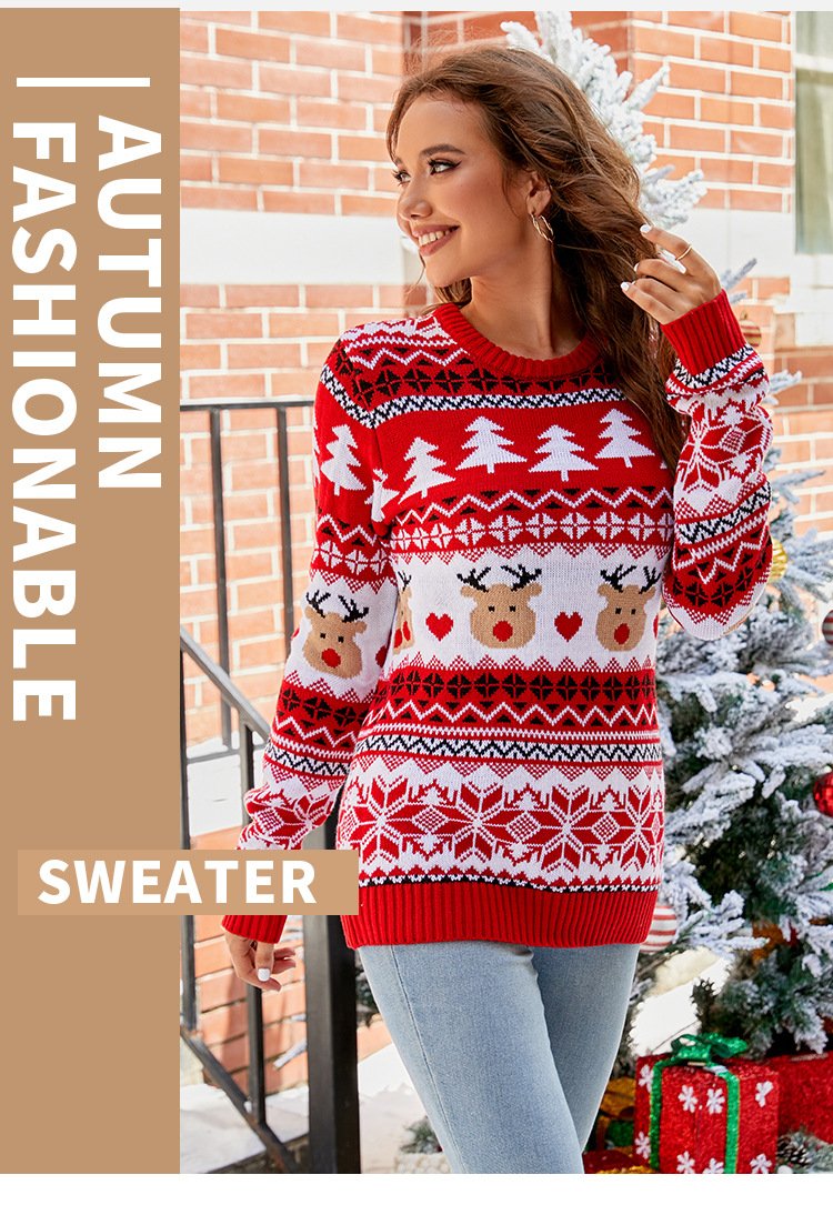 Jacquard Casual Pullover Christmas Sweater Women Slouchy Style Fall and Winter Women's Knitted Sweater