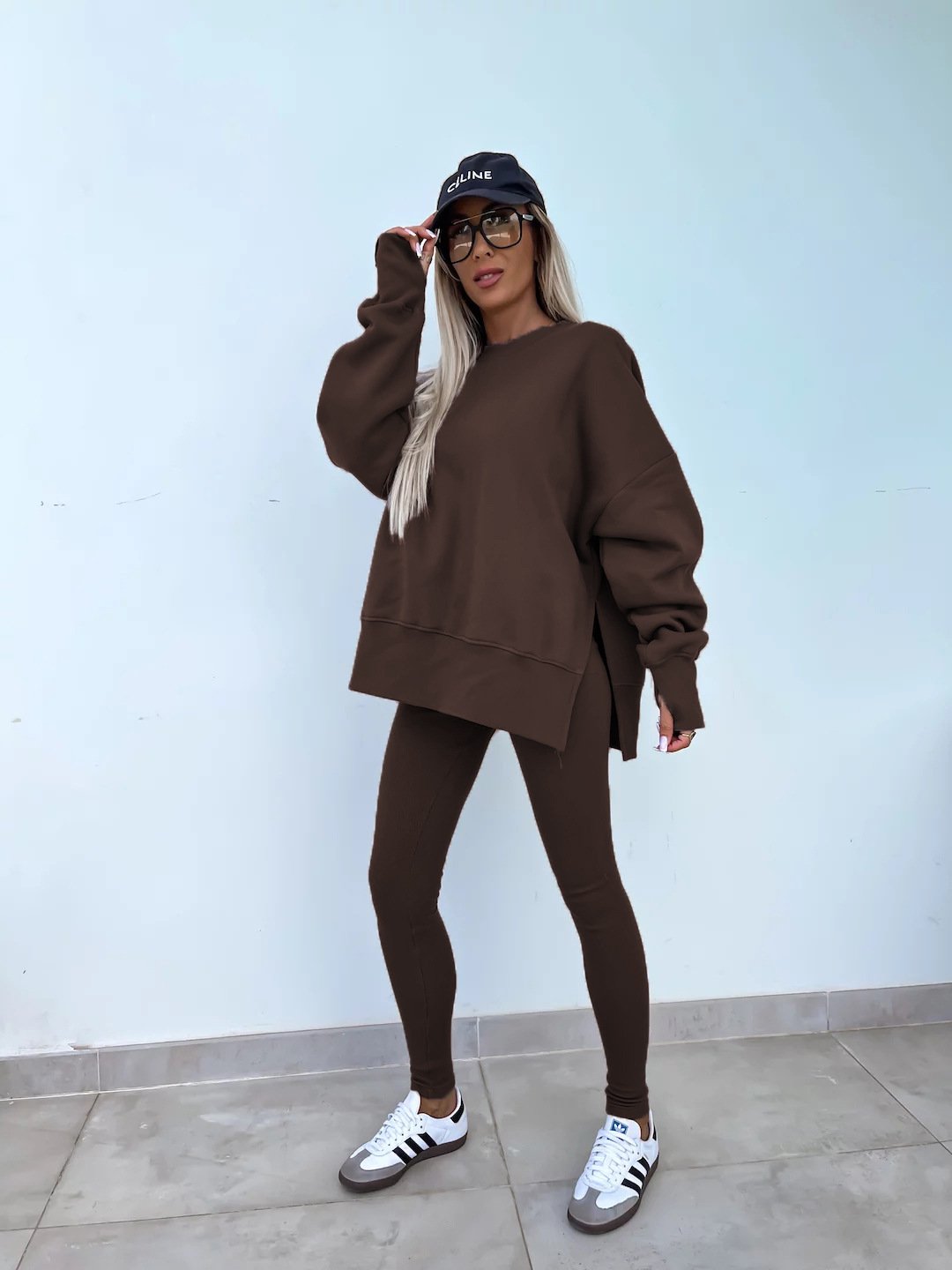 （25% off any two items）New sweatshirt suit casual loose long sleeve round neck slit top tight trousers