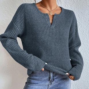 Autumn and winter V-neck sweater solid color loose pullover women's knitwear