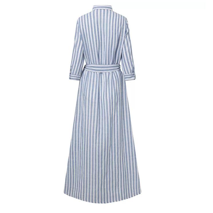 (30% Off Any Two Items) Polo Neck Temperament Cotton and Linen Striped Bohemian Seven Sleeve Cardigan Dress