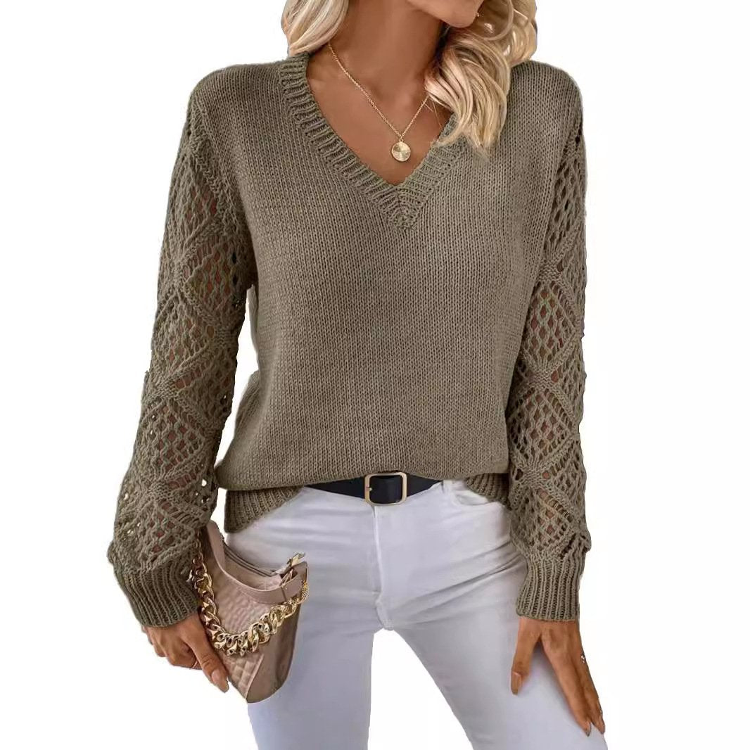 Solid Color V-Neck Mesh Sleeve Knit Pullover Sweater