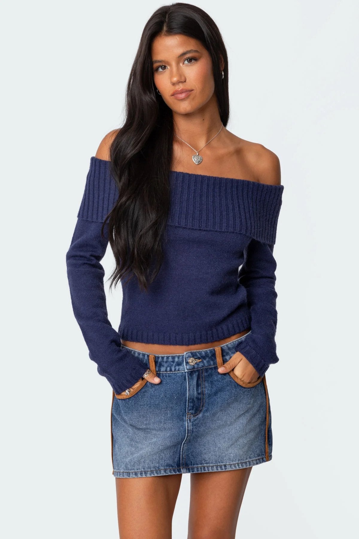 Autumn and winter new knitted tops women's solid color one-color collar strapless long-sleeved pullover sweater women