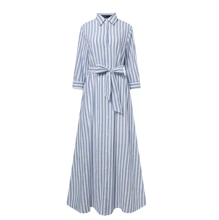 (30% Off Any Two Items) Polo Neck Temperament Cotton and Linen Striped Bohemian Seven Sleeve Cardigan Dress