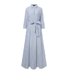 (30% Off Any Two Items) Polo Neck Temperament Cotton and Linen Striped Bohemian Seven Sleeve Cardigan Dress