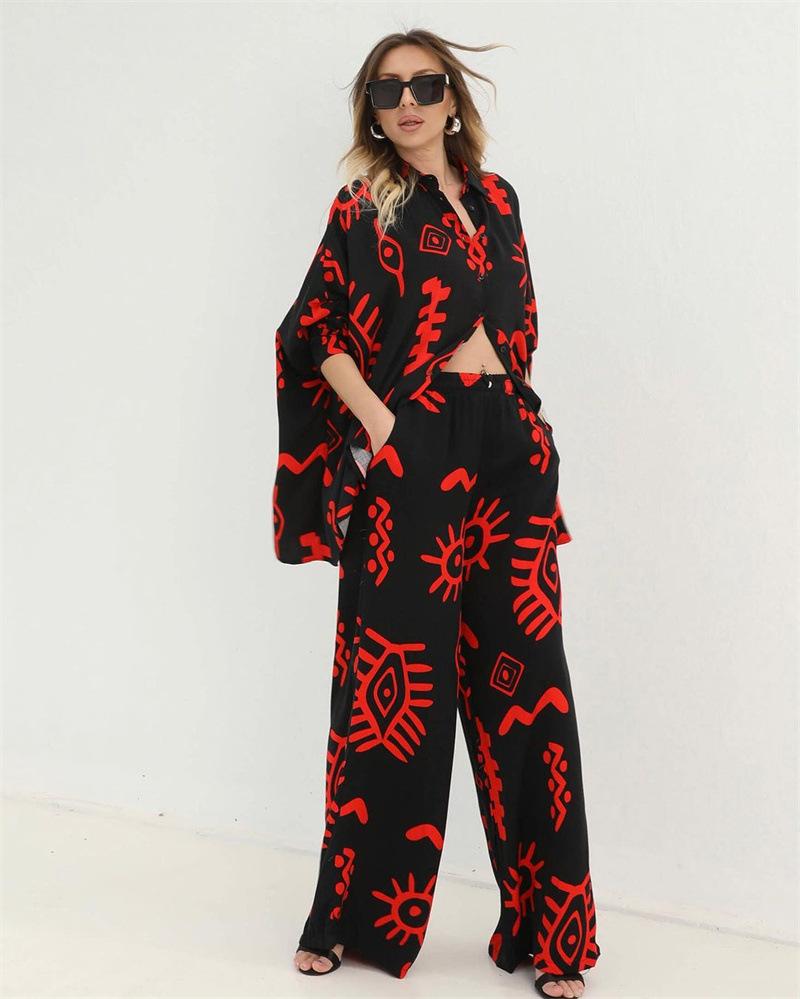 (Any two pieces 30% off) 2024 new fashion printing loose top tie high waist wide leg trousers two-piece set