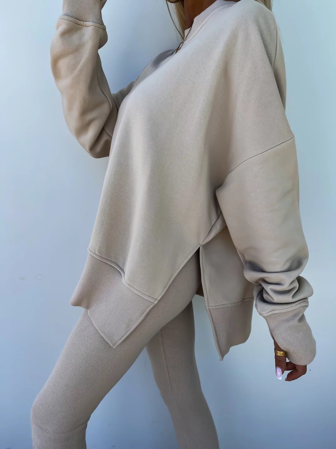 （25% off any two items）New sweatshirt suit casual loose long sleeve round neck slit top tight trousers