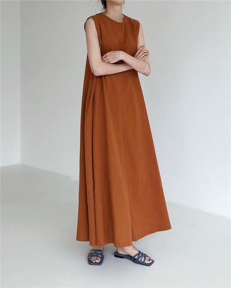 (30% Off Any Two Items) chic style loose hem sleeveless pumpkin long cotton linen dress