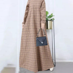 （30% Off Any Two Items）New casual women's cotton and linen retro long-sleeved plaid round-neck dresses