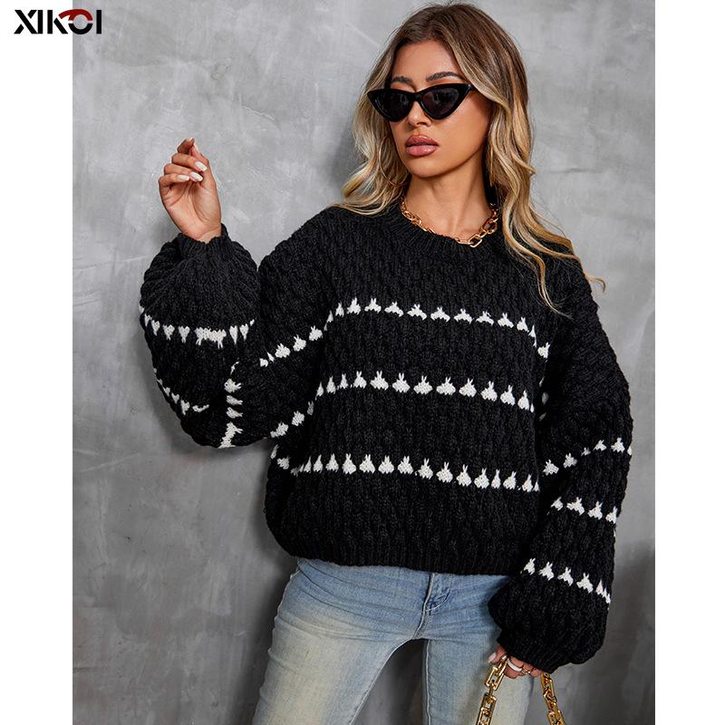 Striped round neck pullover thick needle sweater women loose lazy wind new long-sleeved knitted sweater tops