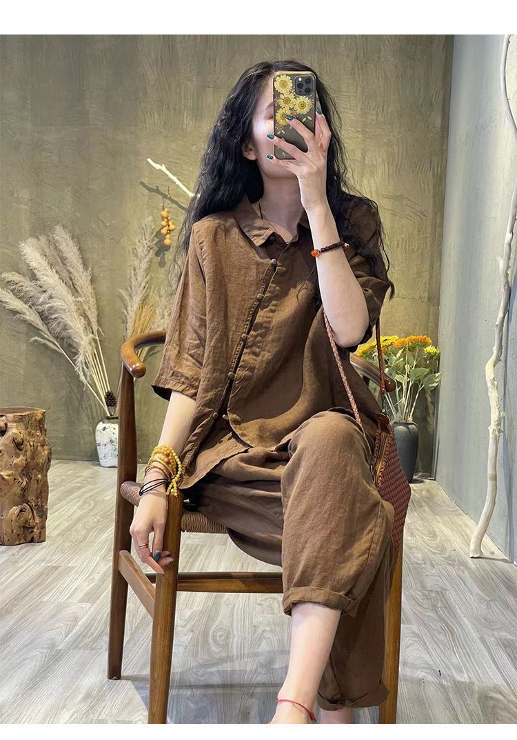 New summer shirt retro literary temperament cotton linen drawstring trousers two-piece set