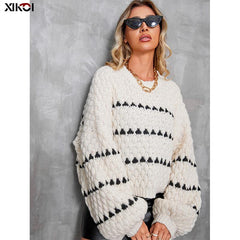 Striped round neck pullover thick needle sweater women loose lazy wind new long-sleeved knitted sweater tops