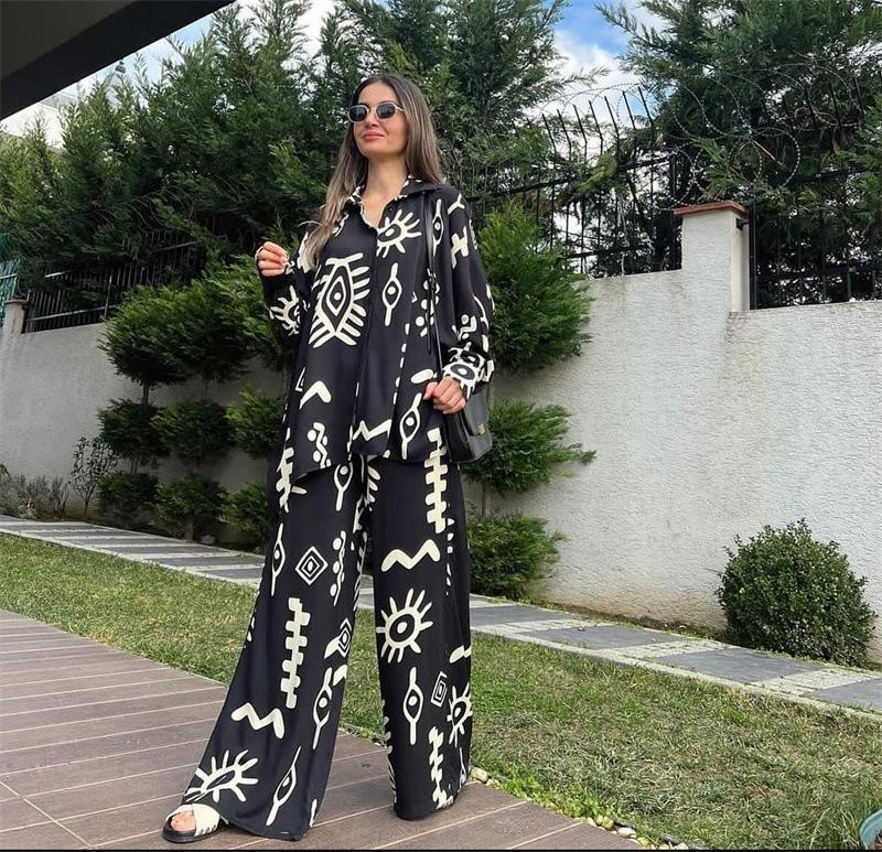 (Any two pieces 30% off) 2024 new fashion printing loose top tie high waist wide leg trousers two-piece set