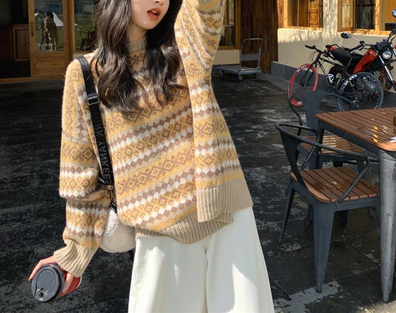 Retro jacquard diamond lattice elastic head knit sweater female students new fall and winter outside wear lazy wind