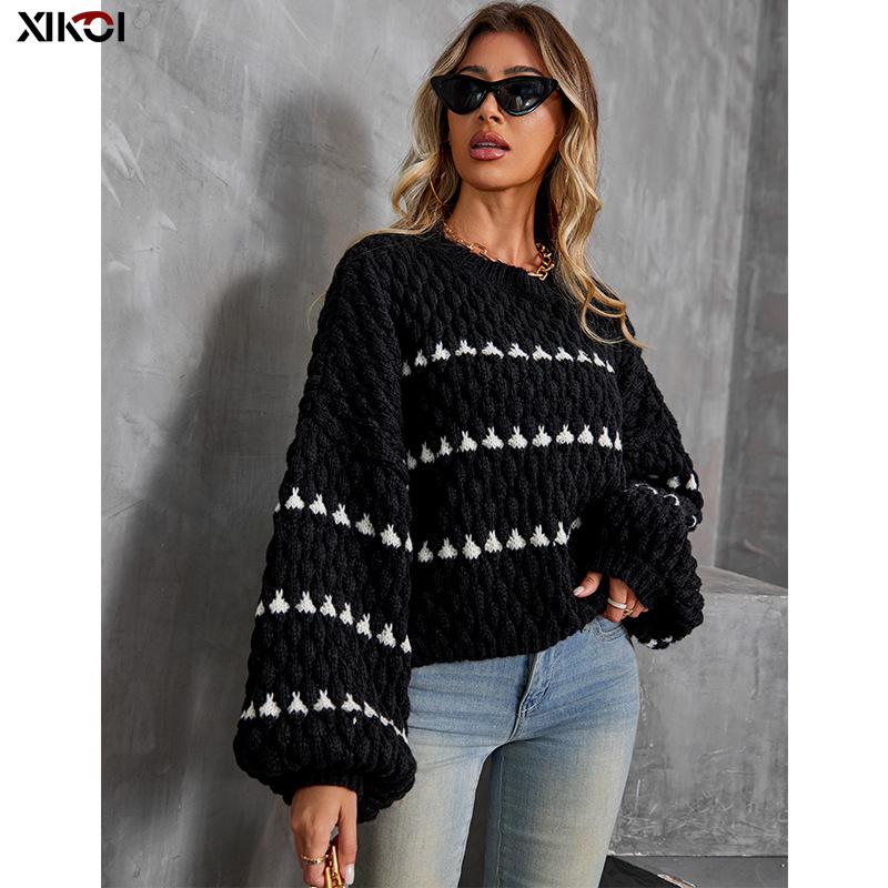 Striped round neck pullover thick needle sweater women loose lazy wind new long-sleeved knitted sweater tops