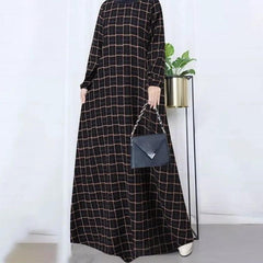 （30% Off Any Two Items）New casual women's cotton and linen retro long-sleeved plaid round-neck dresses