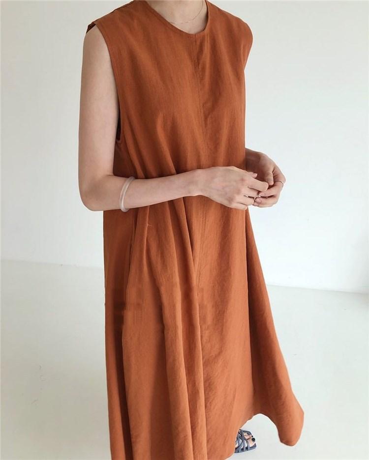 (30% Off Any Two Items) chic style loose hem sleeveless pumpkin long cotton linen dress