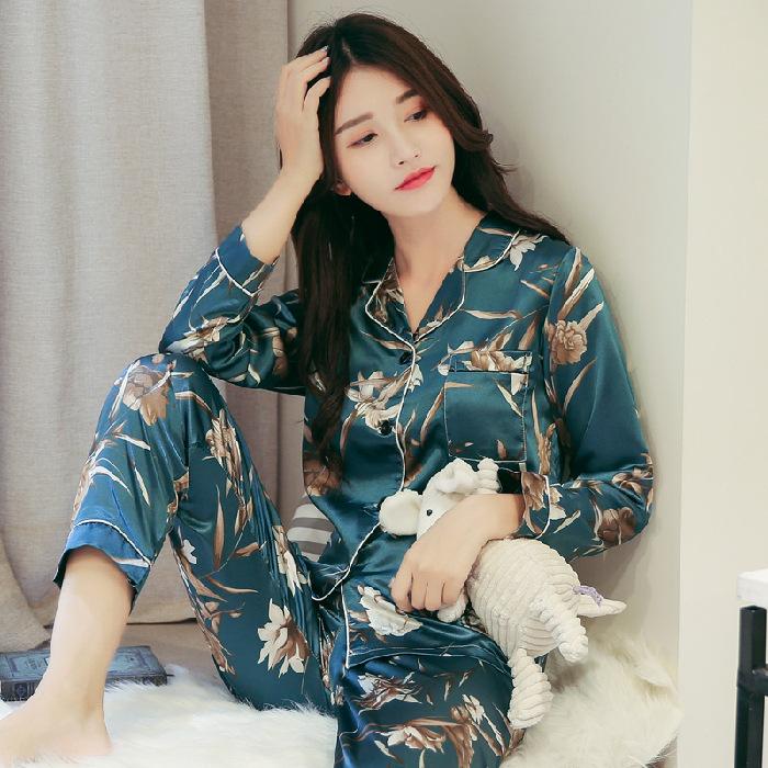 （30% Off Any Two Items）Ice silk pajamas ladies summer long-sleeved new summer air-conditioned room cool feeling spring and autumn home wear suit