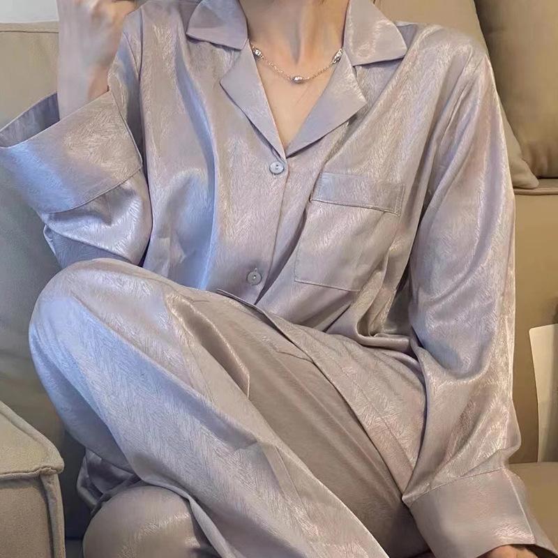 （30% Off Any Two Items）Ice silk pajamas ladies summer long-sleeved new summer air-conditioned room cool feeling spring and autumn home wear suit