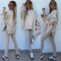 （25% off any two items）New sweatshirt suit casual loose long sleeve round neck slit top tight trousers