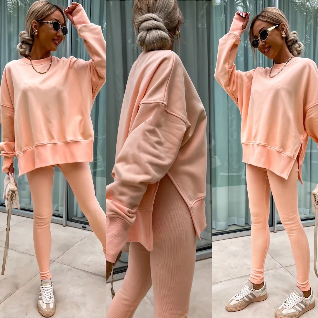 （25% off any two items）New sweatshirt suit casual loose long sleeve round neck slit top tight trousers