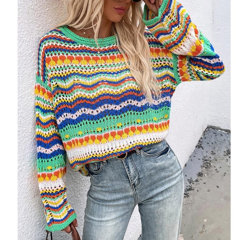 Autumn and winter new splicing knit sweater loose inter-color round neck striped sweater women