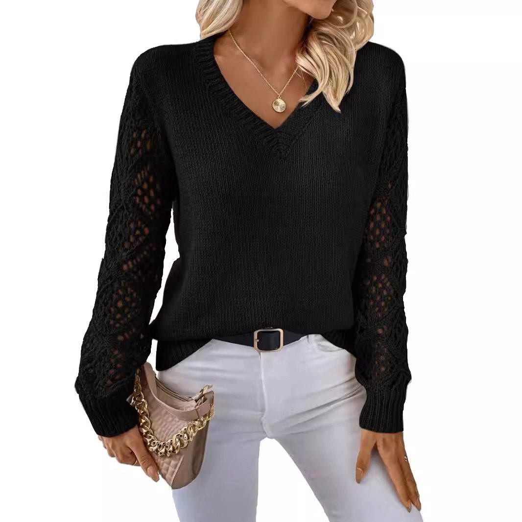 Solid Color V-Neck Mesh Sleeve Knit Pullover Sweater