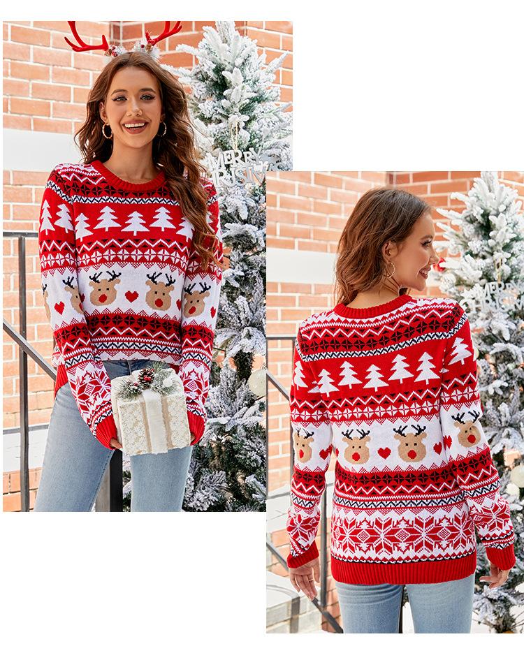 Jacquard Casual Pullover Christmas Sweater Women Slouchy Style Fall and Winter Women's Knitted Sweater