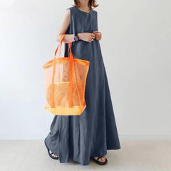 （30% Off Any Two Items）New cotton linen solid color casual simple loose sleeveless long plus size dresses