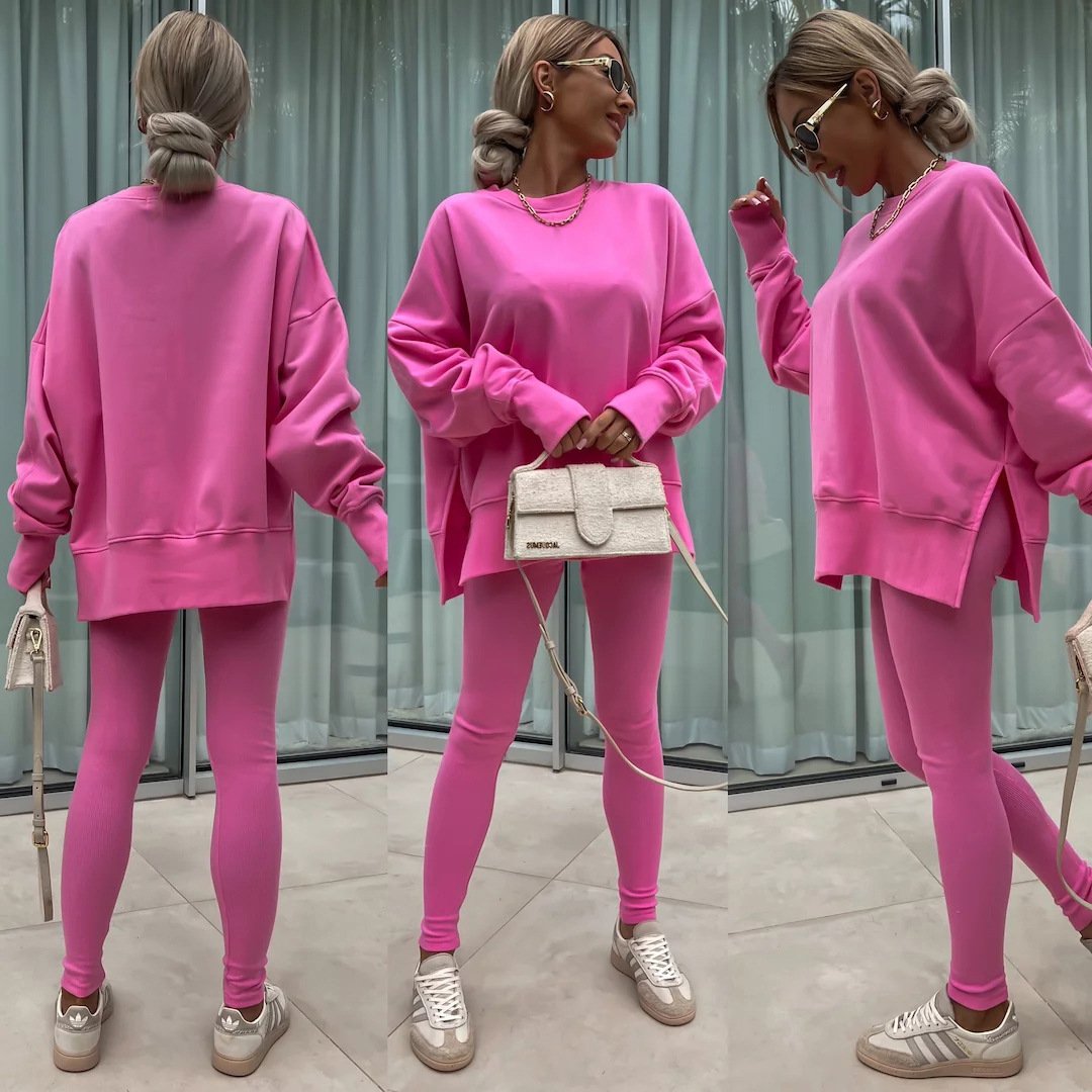 （25% off any two items）New sweatshirt suit casual loose long sleeve round neck slit top tight trousers