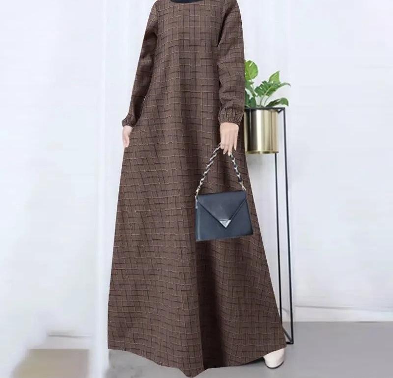 （30% Off Any Two Items）New casual women's cotton and linen retro long-sleeved plaid round-neck dresses