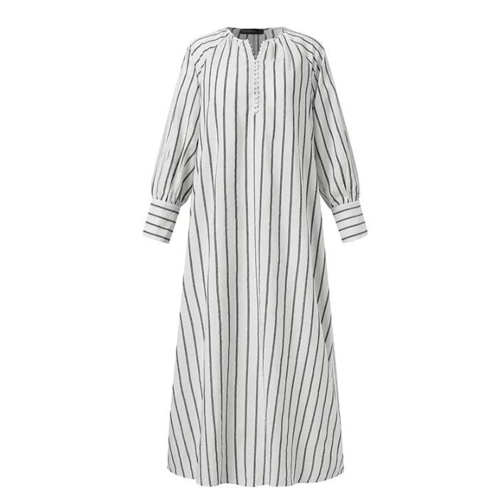 （30% off any two items）New Artistic Style Cotton And Linen Striped Round Neck Long Sleeve Slip Bag Simple Loose Long Pullover Dress